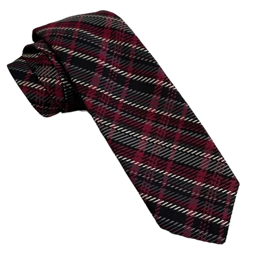 Michelsons Seven Fold Tie Red Black Gray Plaid Silk 58” x 3” Preppy Academic